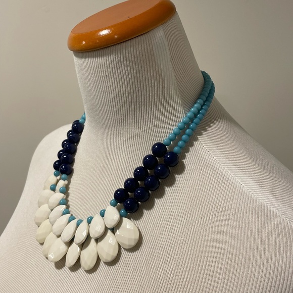 Navy Turquoise and Off White Beaded Necklace - Picture 2 of 3